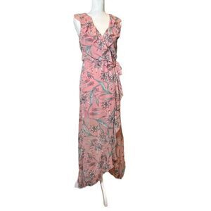 Jopna Maxi Dress Floral Pink Wrap Look Tie waist Ruffle Lined Size Small